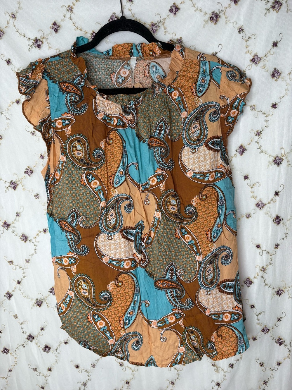 Paisley Short-Sleeve Blouse in Brown and Teal